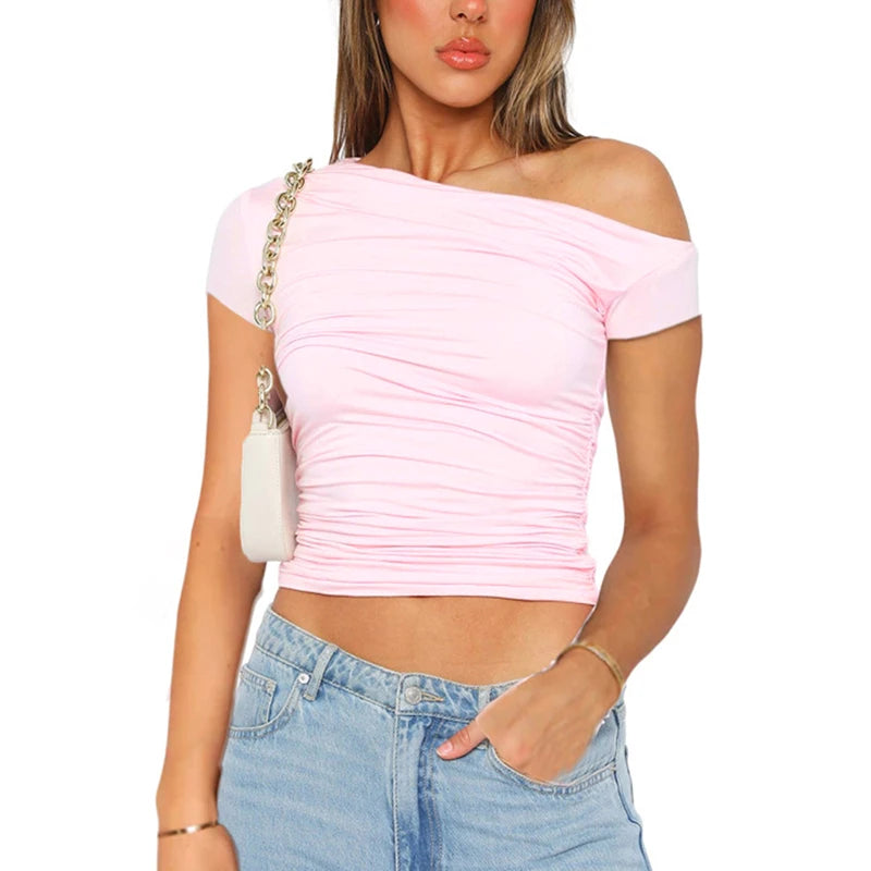 Cutie High Elasticits Slash Shoulder Short Sleeve Pleated Navel Top
