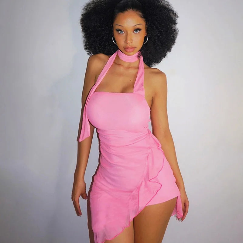 Maddy Mesh Ruffled Asymmetrical Halter Mini Dress