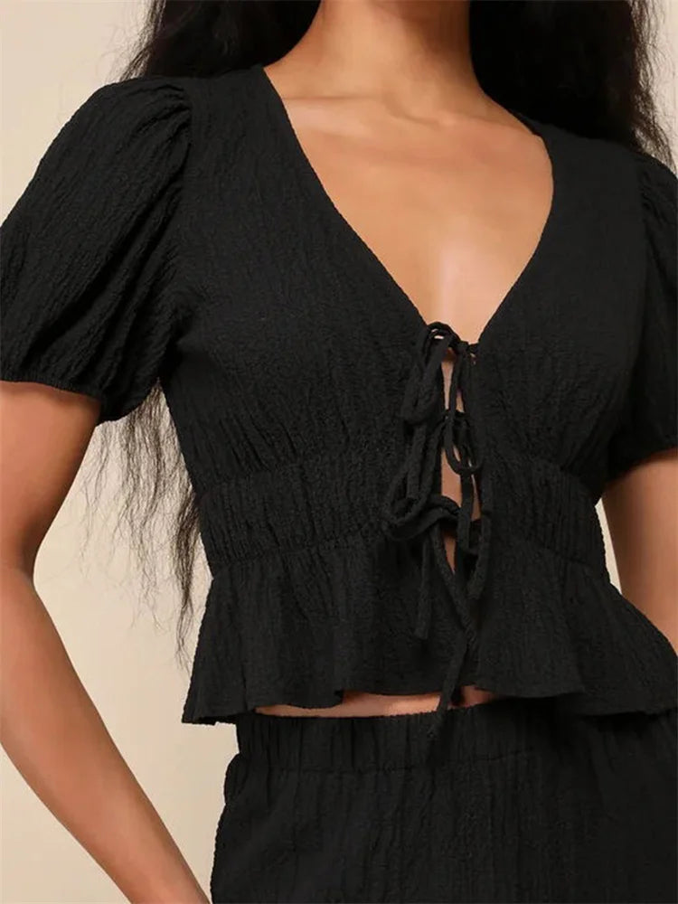 BC Ruffles Deep V Neck Short Puff Sleeve Front Split Lace-Up Top