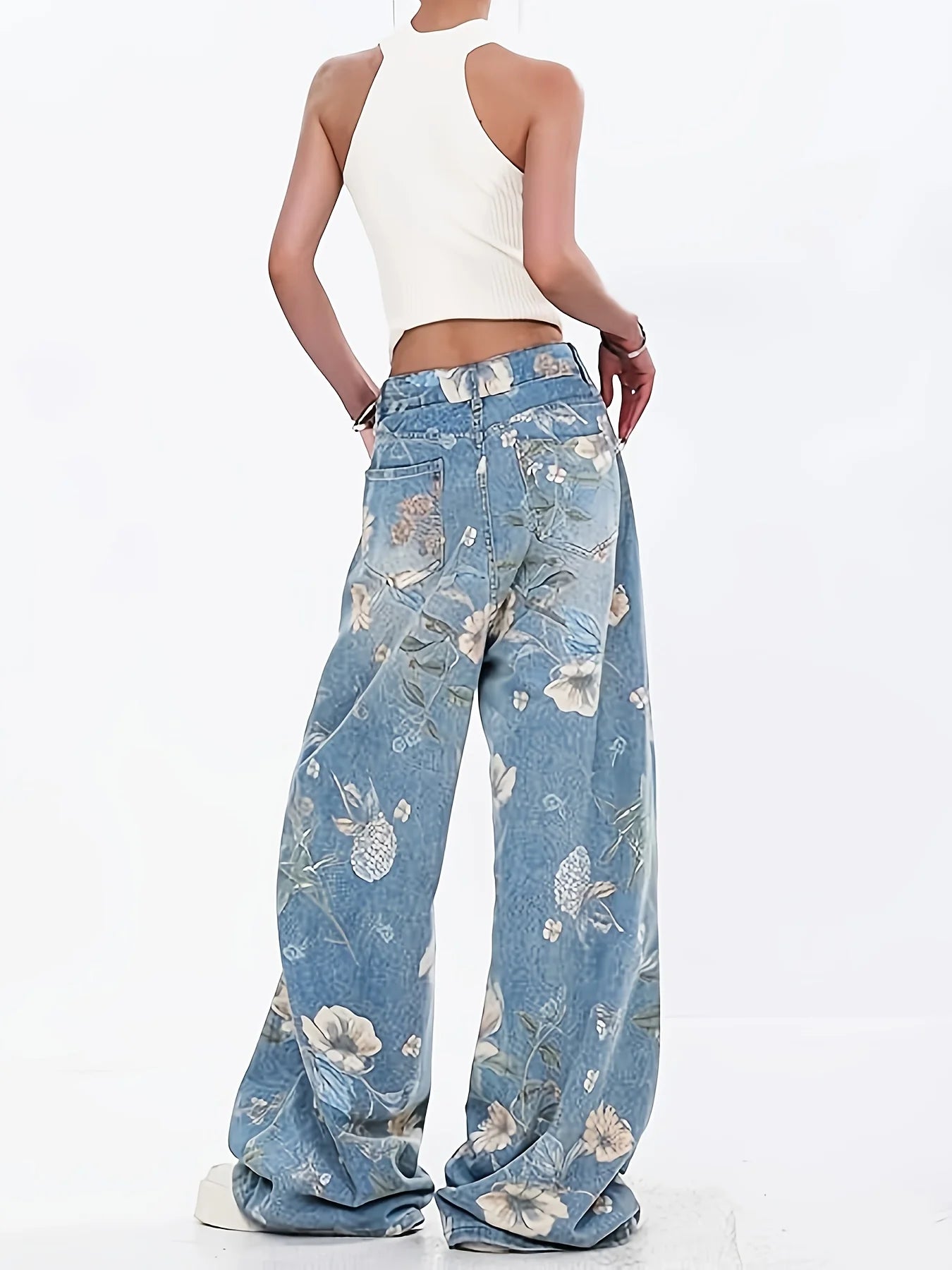 JC Full-Print Loose Slimming High Floor-Length Wide-Leg Jeans
