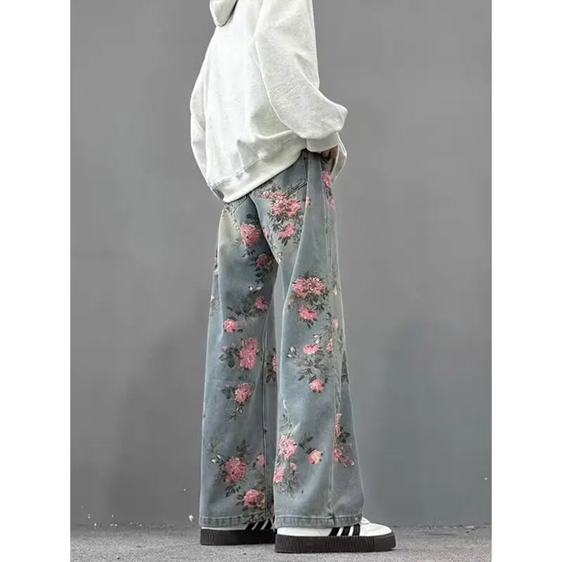 BC straight leg personalized rose blossom jeans loose retro casual pants