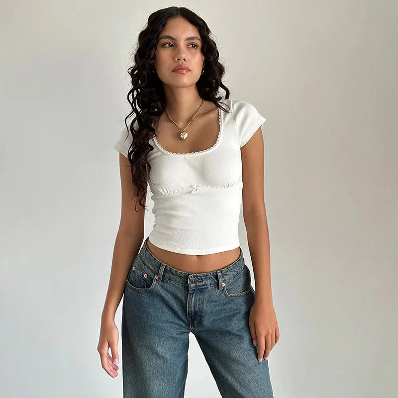 Brittany Bow Lace Trim Short Sleeve Crop Top