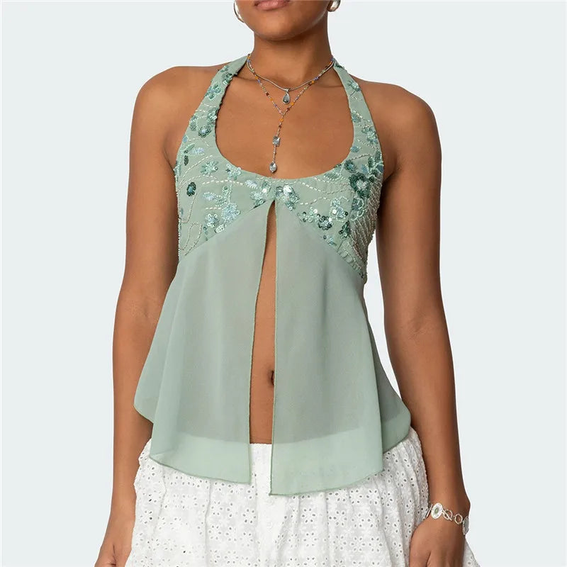 Hira Sequin Halter Mesh Sleeveless Backless Split Tops