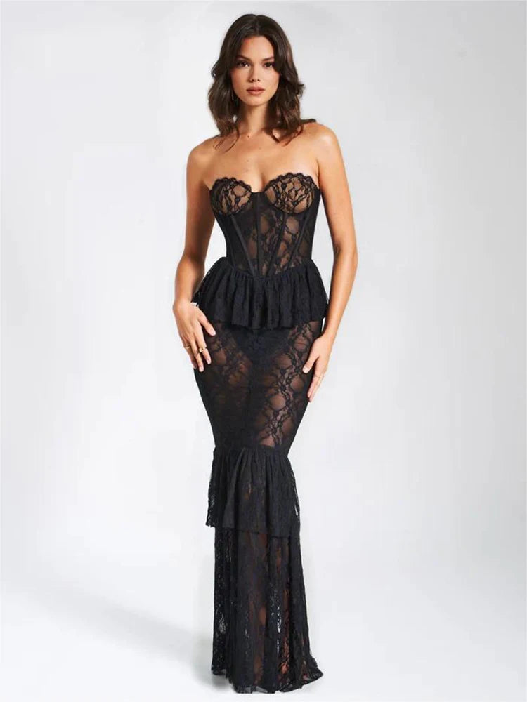BC Lace SleevelessOpen Back Ruffle Edge Pleated Perspective Dress