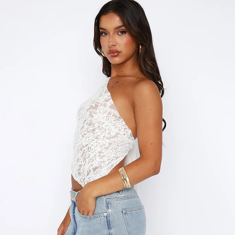 Paige Sheer Lace Mesh Crop Top Asymmetrical Tie-Up Shoulder