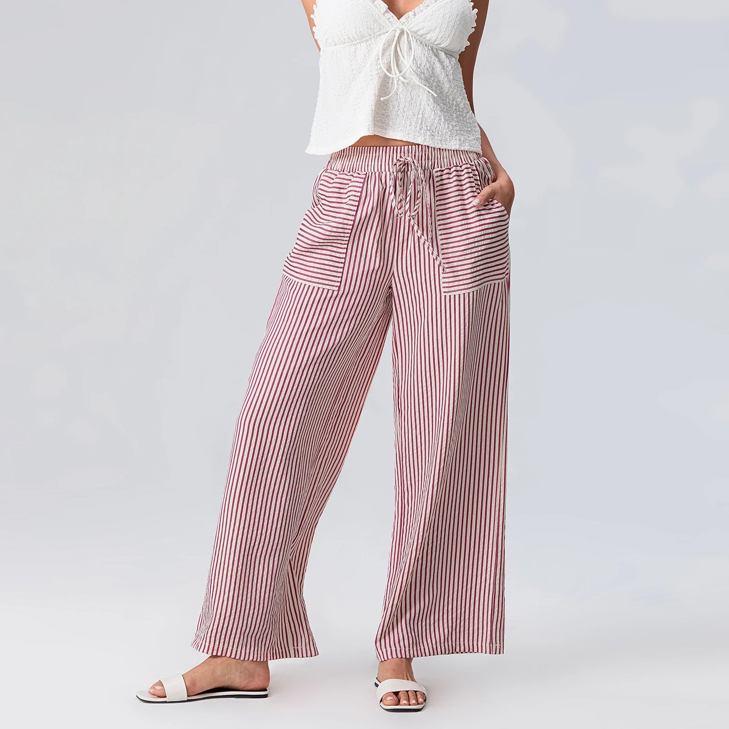 PuloDrawstring Elastic Waistband Wide Leg Pant Loose Long Trousers with Pockets