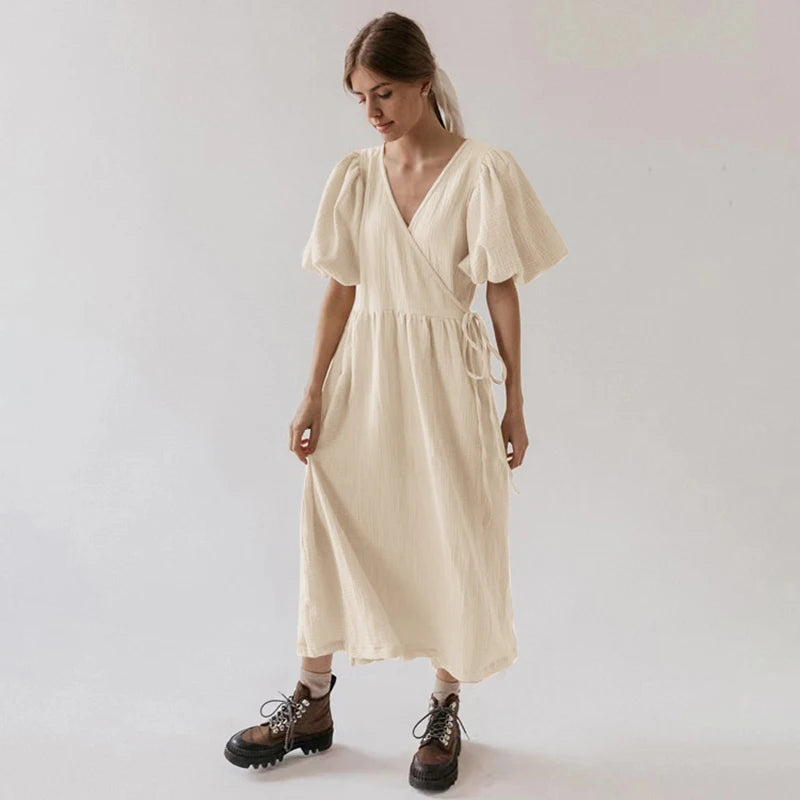 Vintage 100% Cotton Puff Sleeve V-Neck Bandage Lace Maxi Dress