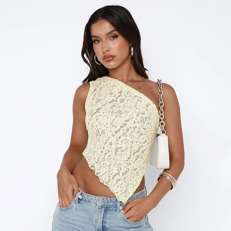 Paige Sheer Lace Mesh Crop Top Asymmetrical Tie-Up Shoulder