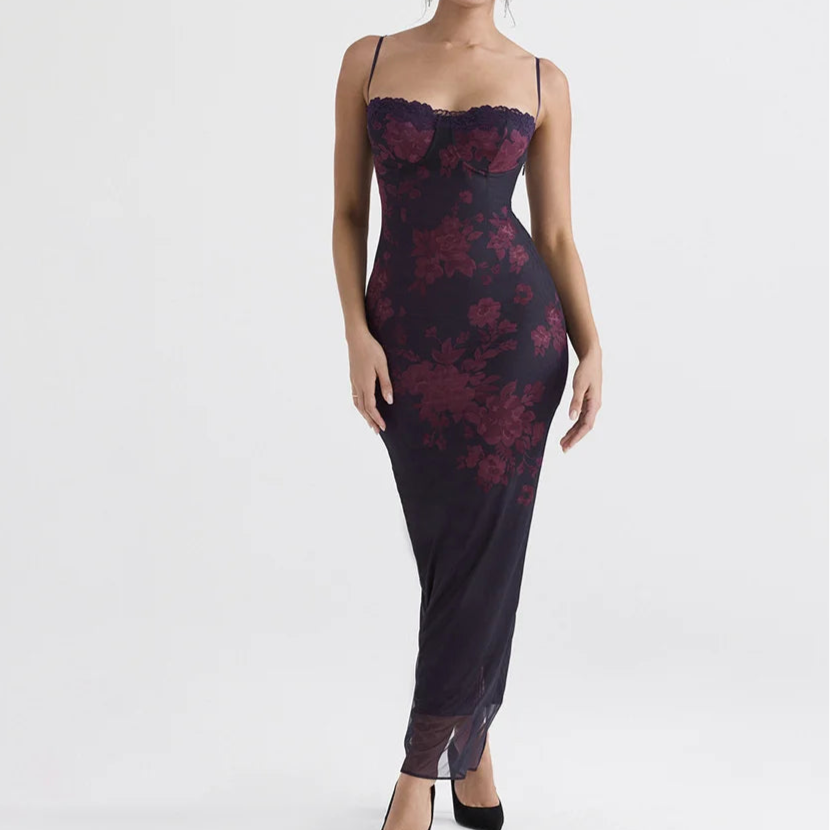 Mozi Purple Print Long Fishtail Maxi Dress Strap Sleeveless