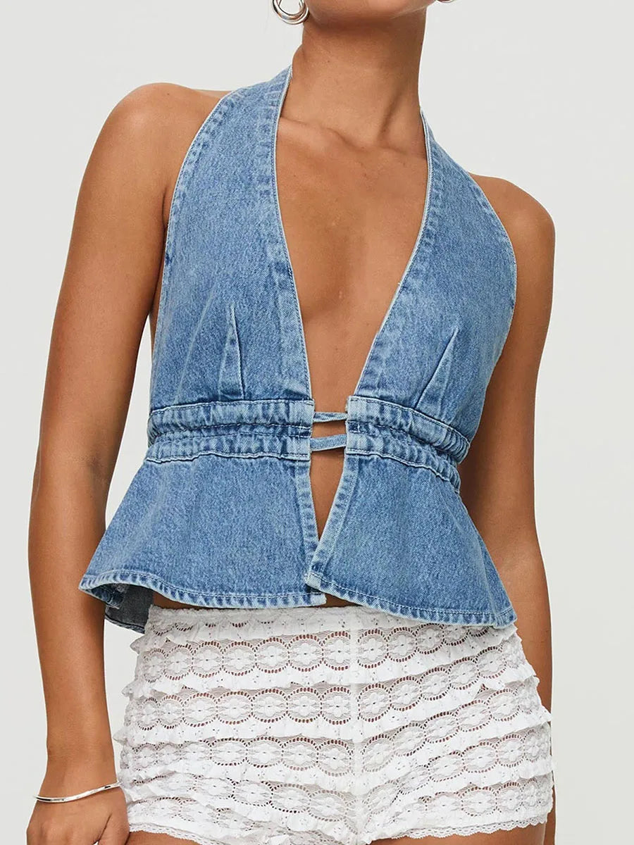 Don Y2K Halter Bow Tie-up Sleeveless Deep V-Neck Backless Denim