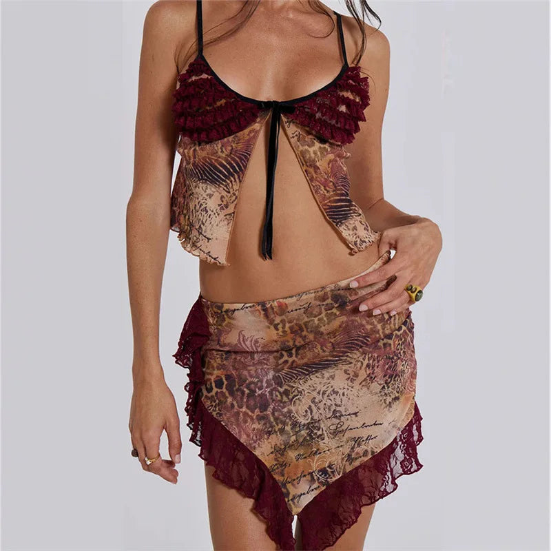 Lyera Set Irregular Mini Skirt Top Lace Frill Ruffle Y2K