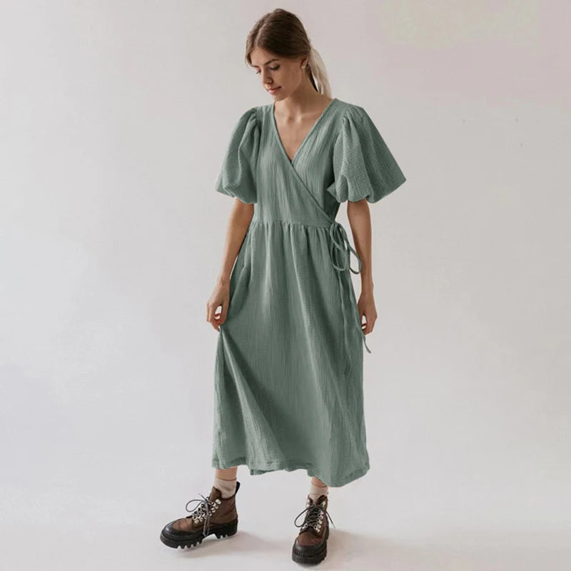 Vintage 100% Cotton Puff Sleeve V-Neck Bandage Lace Maxi Dress