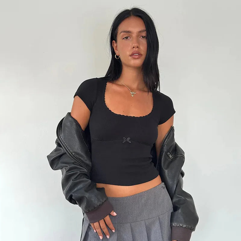 Brittany Bow Lace Trim Short Sleeve Crop Top