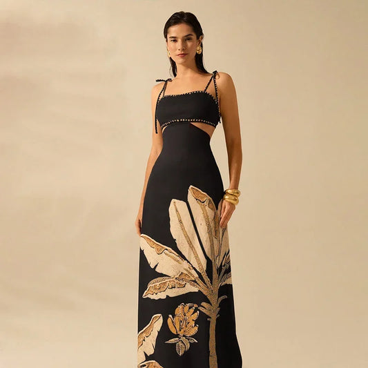 Dia Printed Backless Halter Lace Up Maxi Dresses