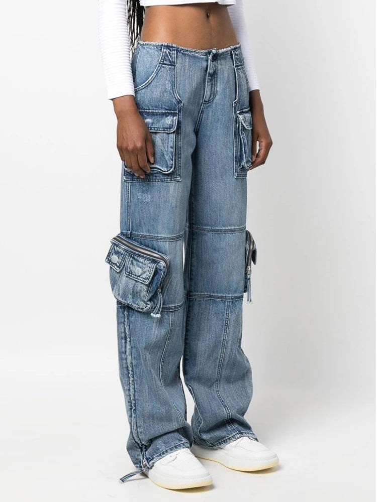 Denim Cargo High Waist Patchwork Pockets Vintage Pants