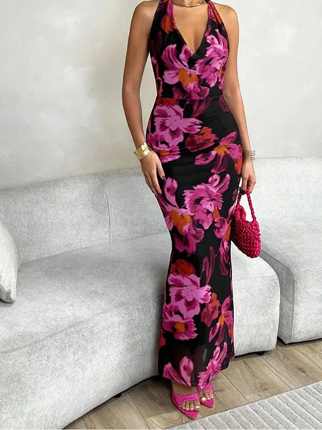 Floral Halter Print Sleeveless Mesh Dress