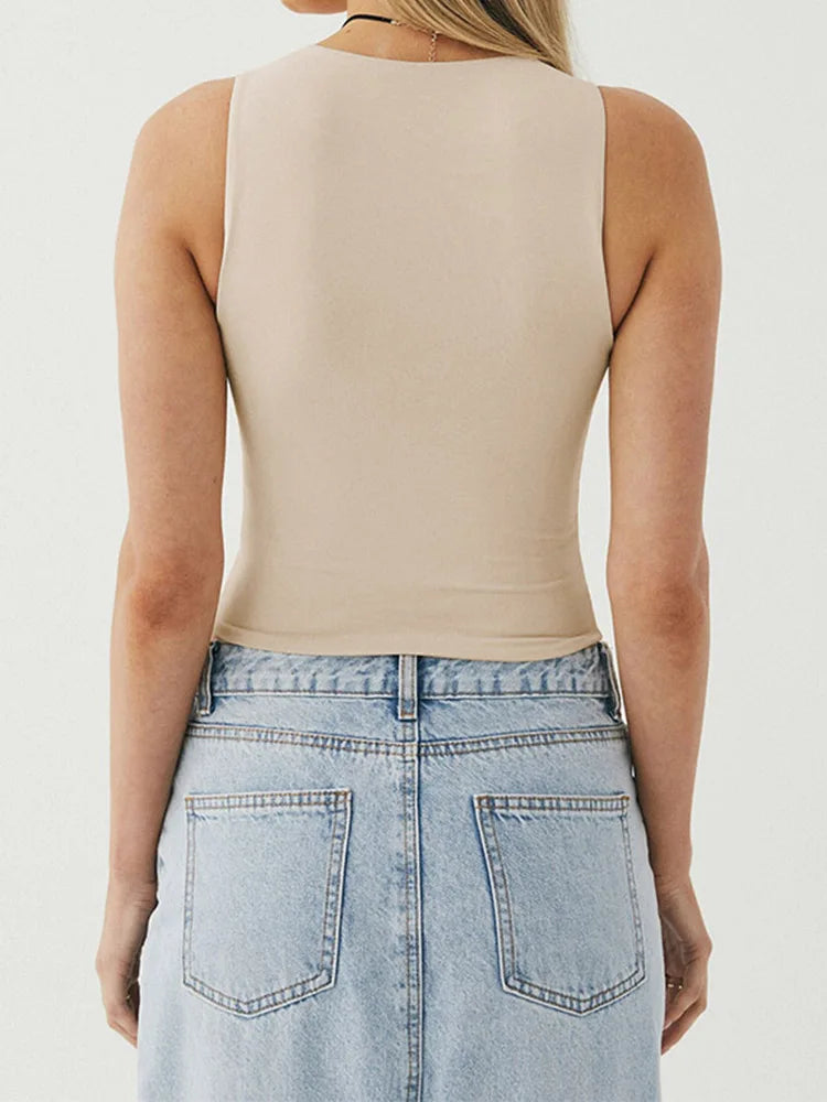 Racerback Sleeveless Tight Bottomed Shirt With Round Neck