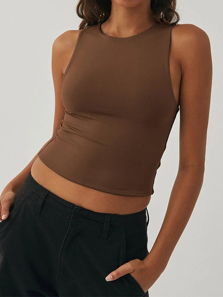 Racerback Sleeveless Tight Bottomed Shirt With Round Neck