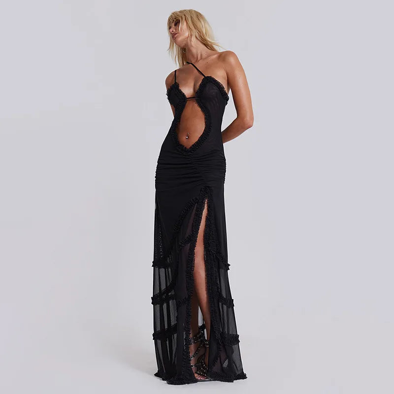 Jade Frilly Halter Backless Split LongY2k Aesthetic Print Maxi Dress