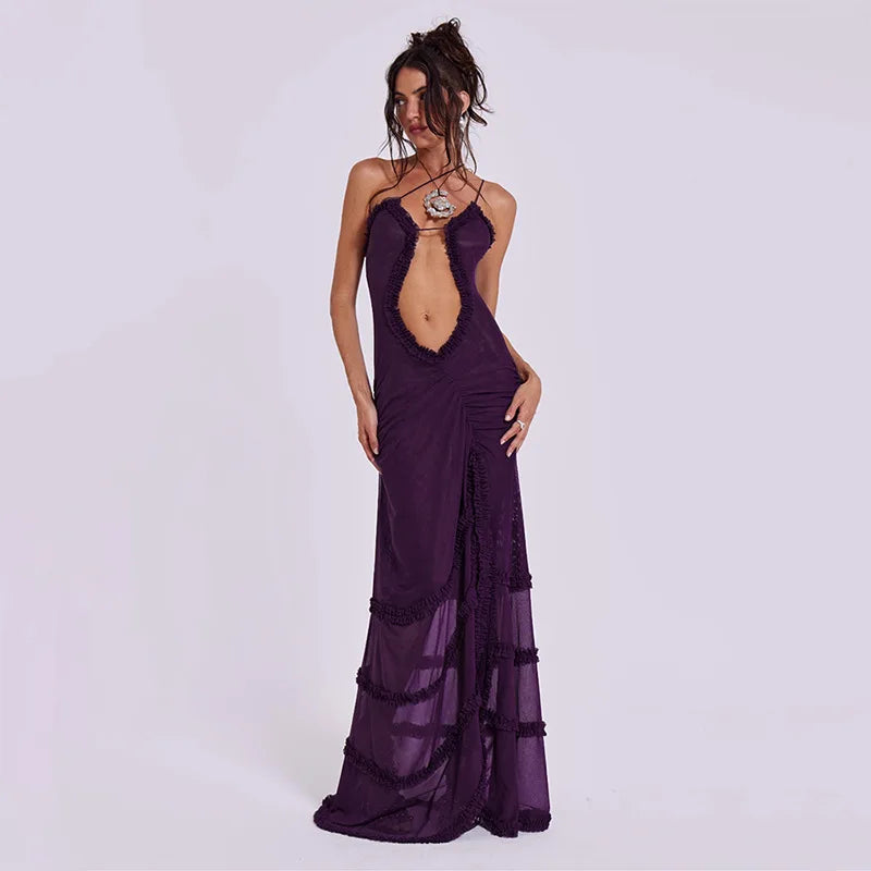 Jade Frilly Halter Backless Split LongY2k Aesthetic Print Maxi Dress