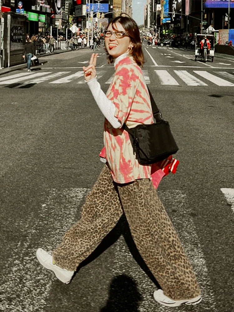 Cassy Leopard Print Trouser Wide Leg High Waist Button Zipper Pocket Pants