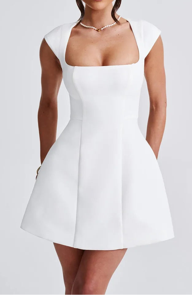 Moz Square Collar Short Sleeve A-line Loose High Waist Elegant Mini Dress