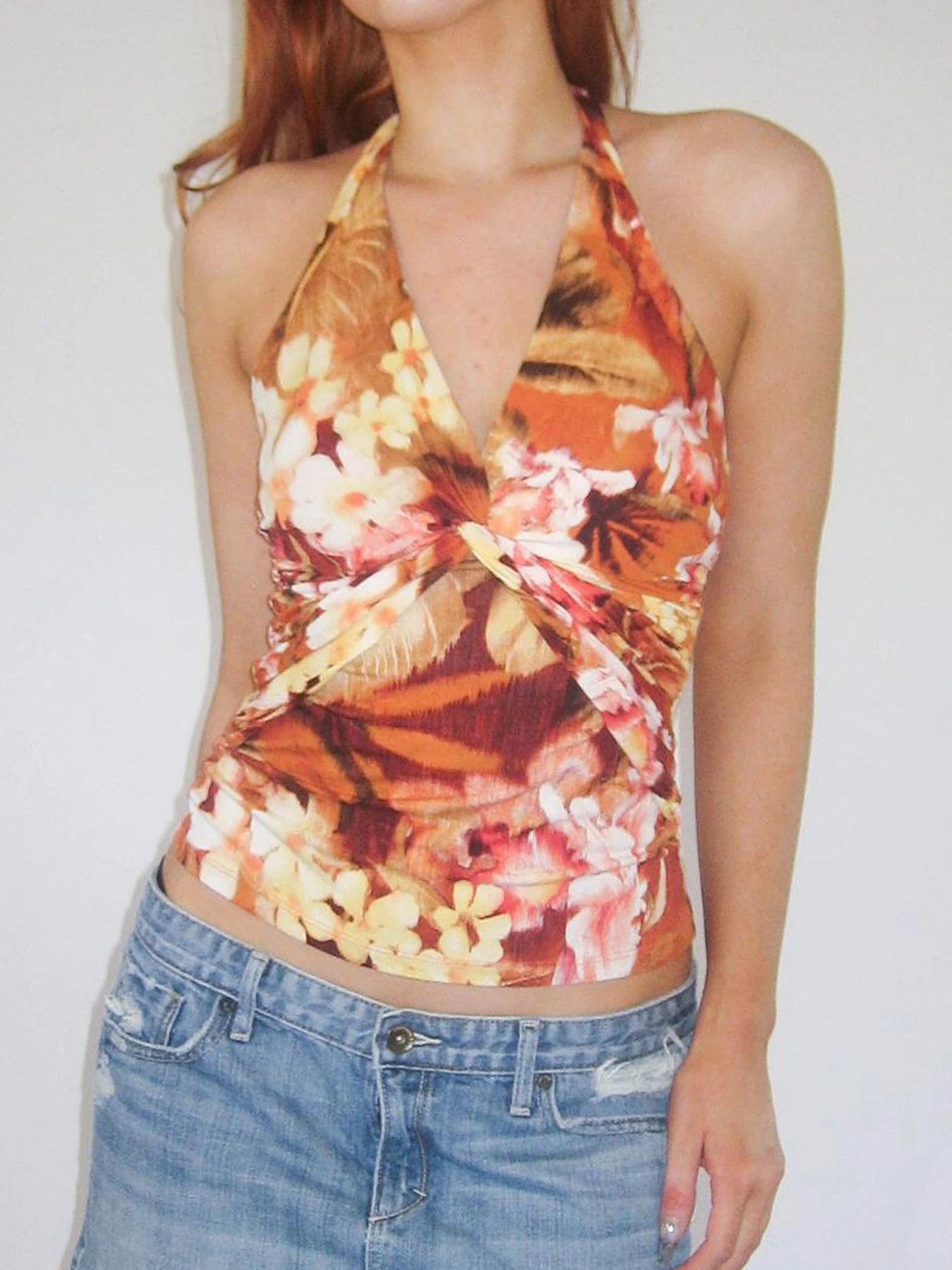 Haya Folds Halter V-Neck Sleeveless Tank Tops