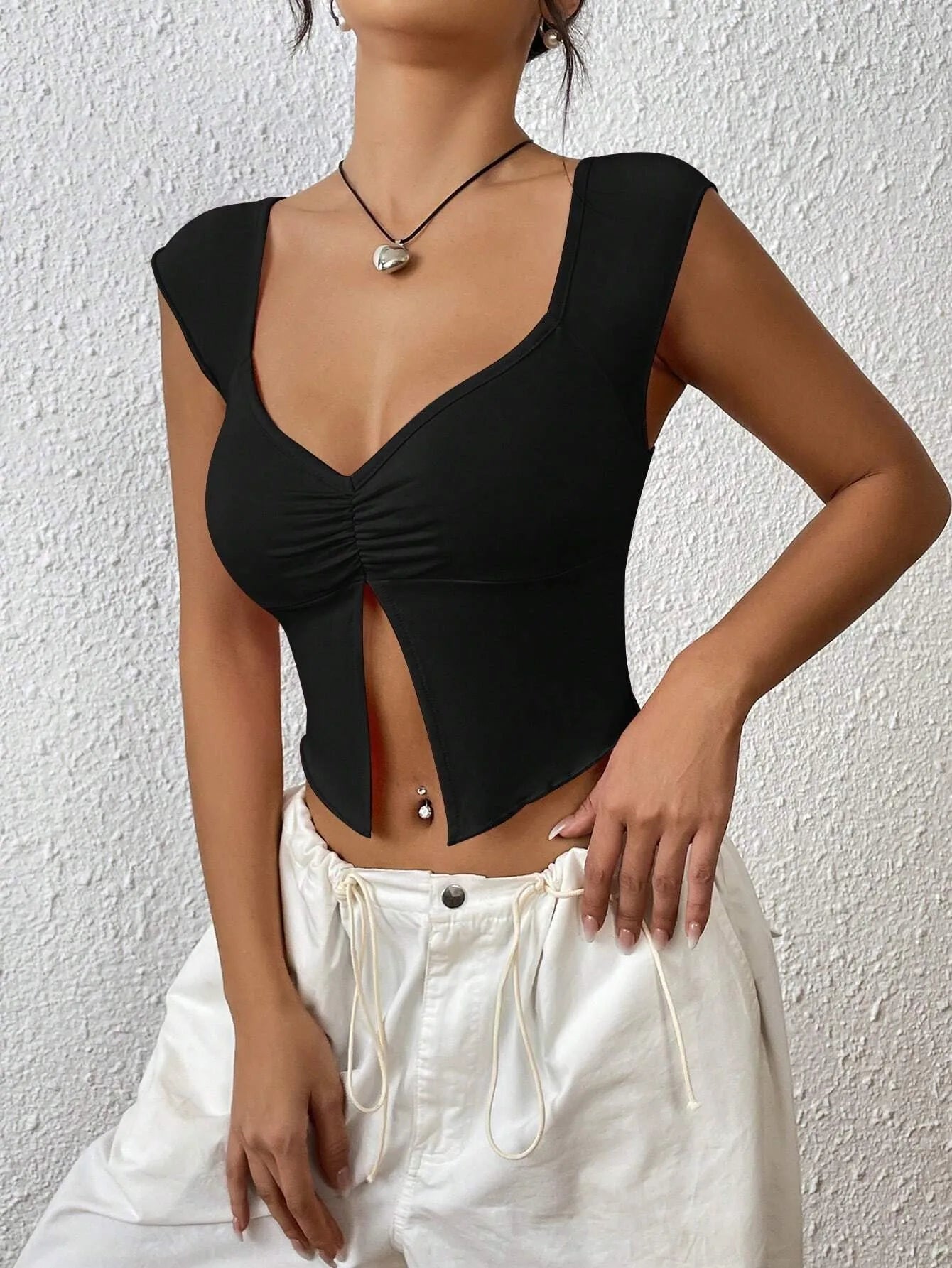 Leona Ruched Split Hem Sleeveless Crop Tee Top