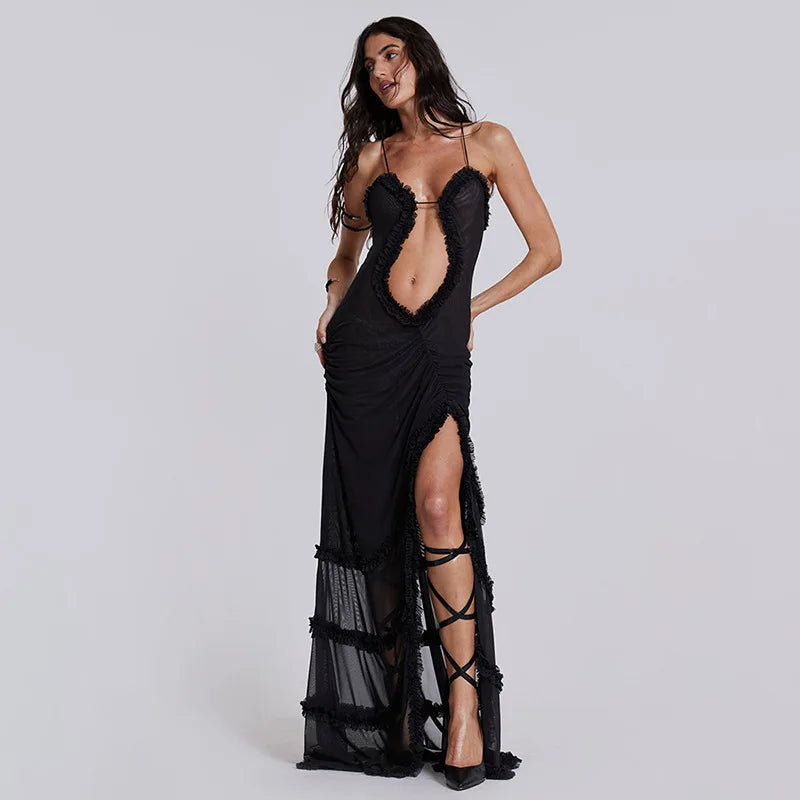Jade Frilly Halter Backless Split LongY2k Aesthetic Print Maxi Dress