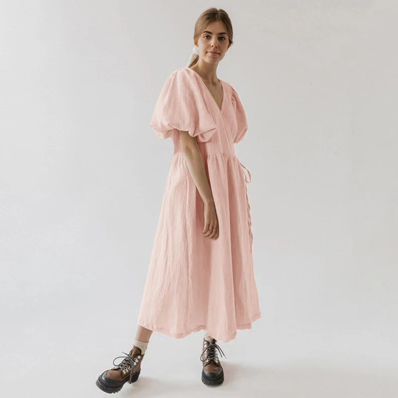 Vintage 100% Cotton Puff Sleeve V-Neck Bandage Lace Maxi Dress