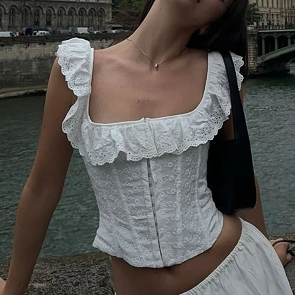 Ming White Corset Top Lace Up Tanks Top
