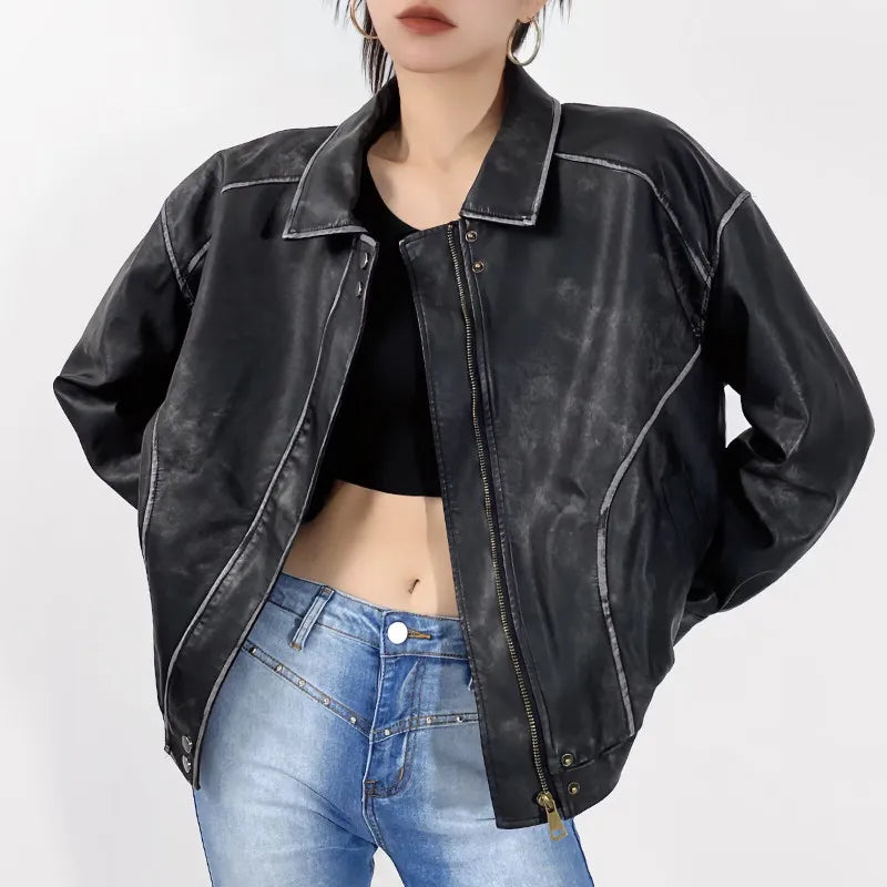 BC Retro PU Leather Jacket Full Sleeve Zipper Bomber Boyfriend Coat