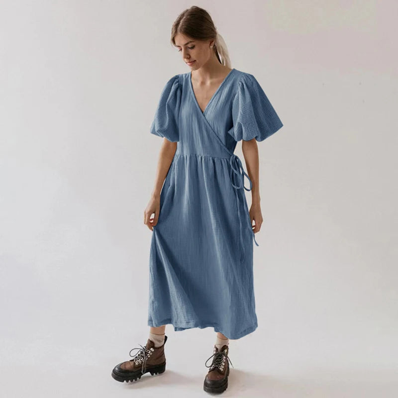 Vintage 100% Cotton Puff Sleeve V-Neck Bandage Lace Maxi Dress