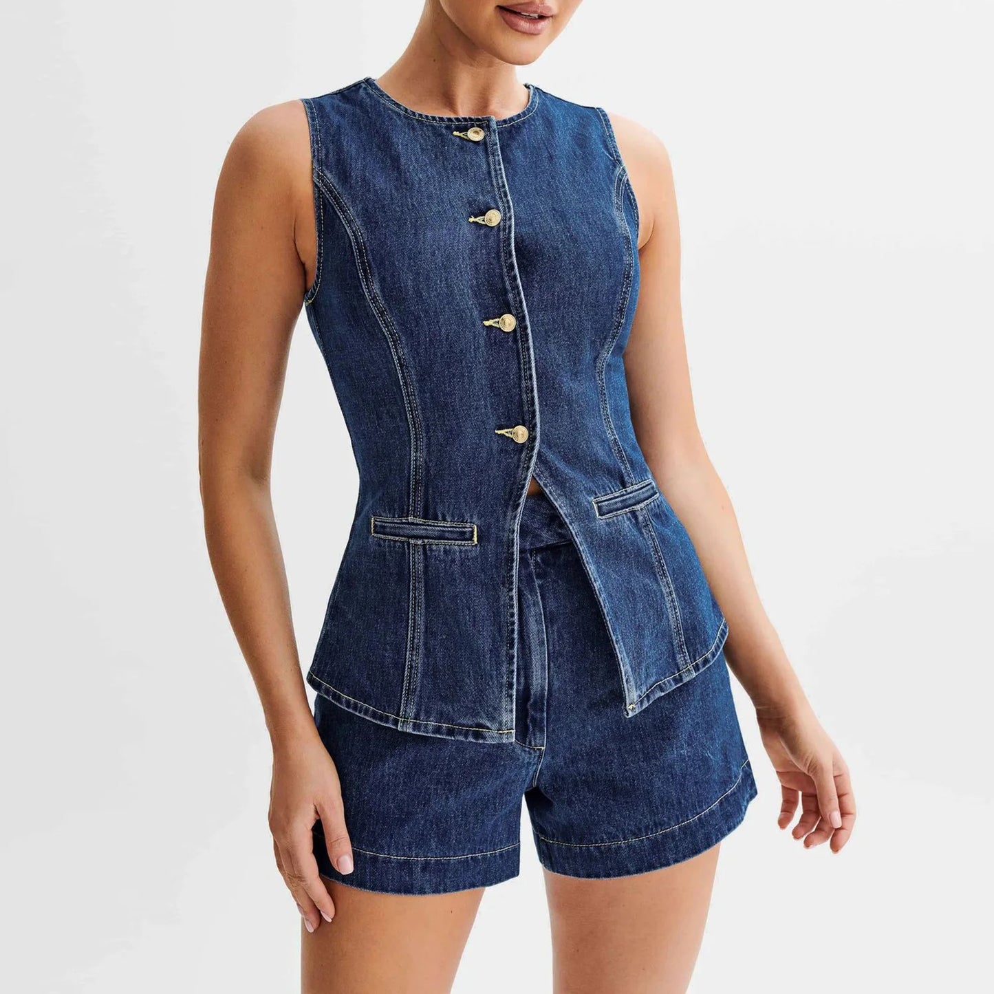 JO Y2K Vintage Retro Denim Long Vest Tops Back Slit Sleeveless with Pocket Round Neck
