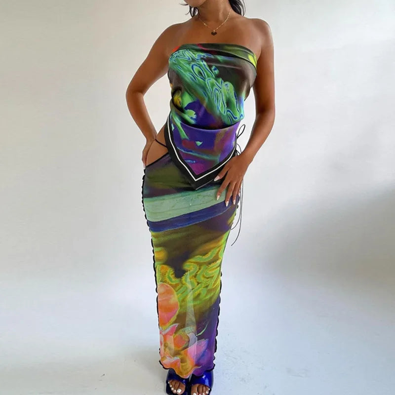 Honey Marble Sheer Mesh Long Skirt and Top Set