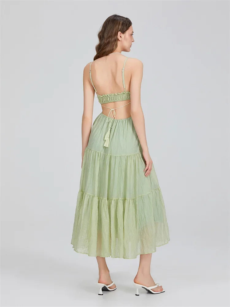 Patty Boho Flowy Spaghetti Strap Cut Out Backless Ruffle A-line Dress