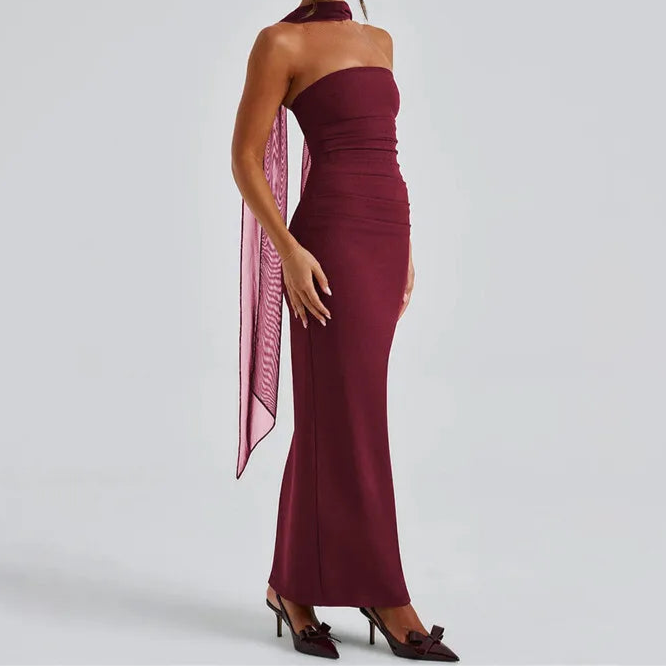 MUA Strapless Backless Maxi Dress Burgundy Mesh Sleeve Off-shoulder Long Dress