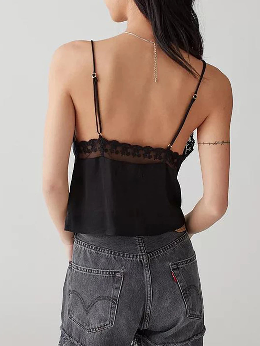 Comb Vintage V Neck Cami Sleeveless Spaghetti Strap Button Down Lace Trim Aesthetic Backless Tank Tops