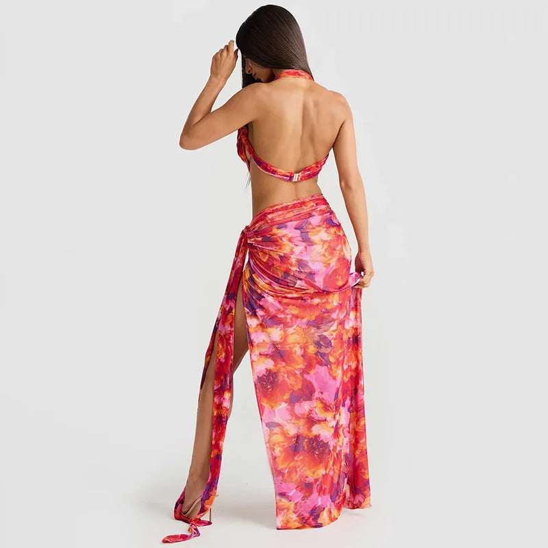Kiki Floral Print Backless Halter Top and Split Long Skirt Set
