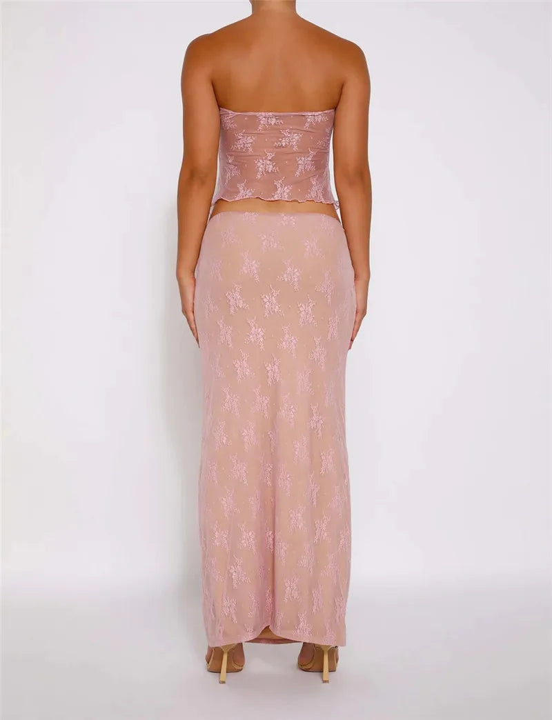 Pink Lace Rose Print Dress Set Lace-up Strapless Skirt