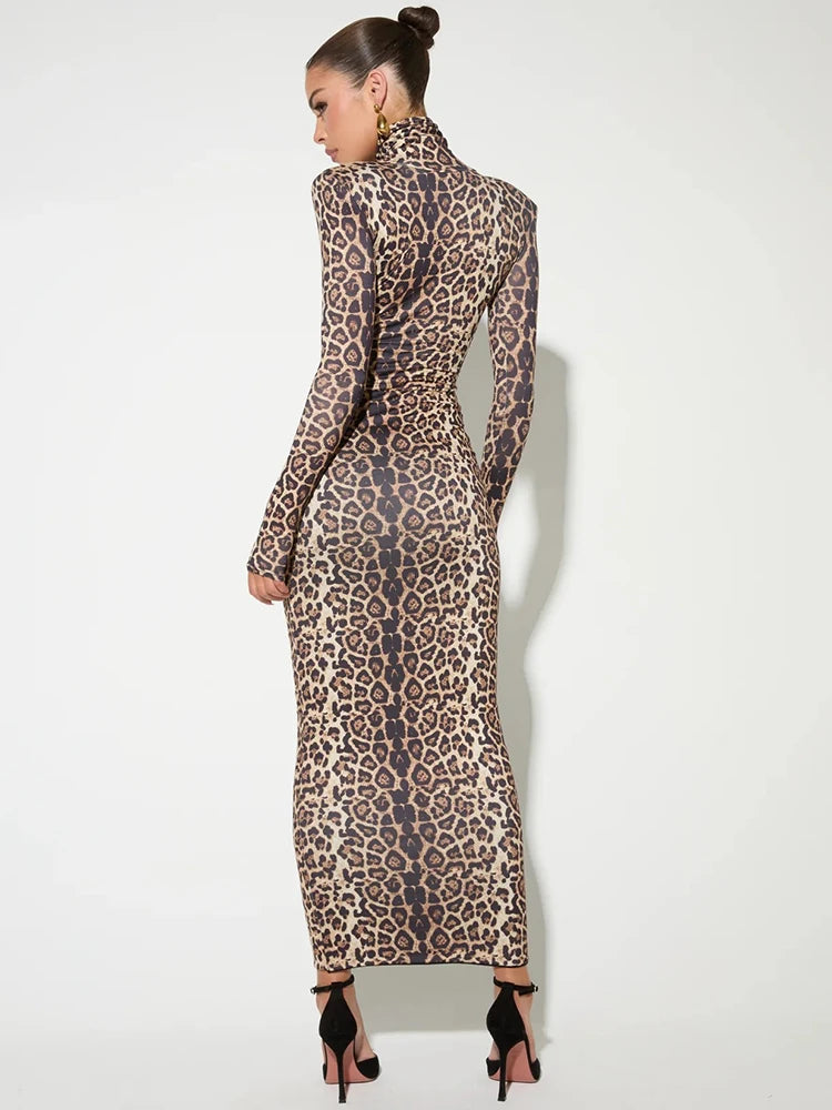 Mozi Leopard Print Long Sleeve Elegant Turtleneck Long Dress