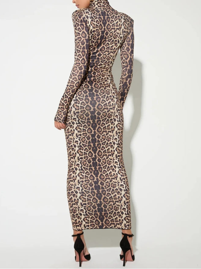 Mozi Leopard Print Long Sleeve Elegant Turtleneck Long Dress