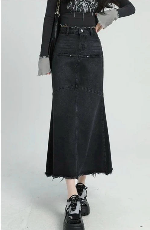 Farly Vintage Denim Skirt High Waist Ankle-Length Skirt