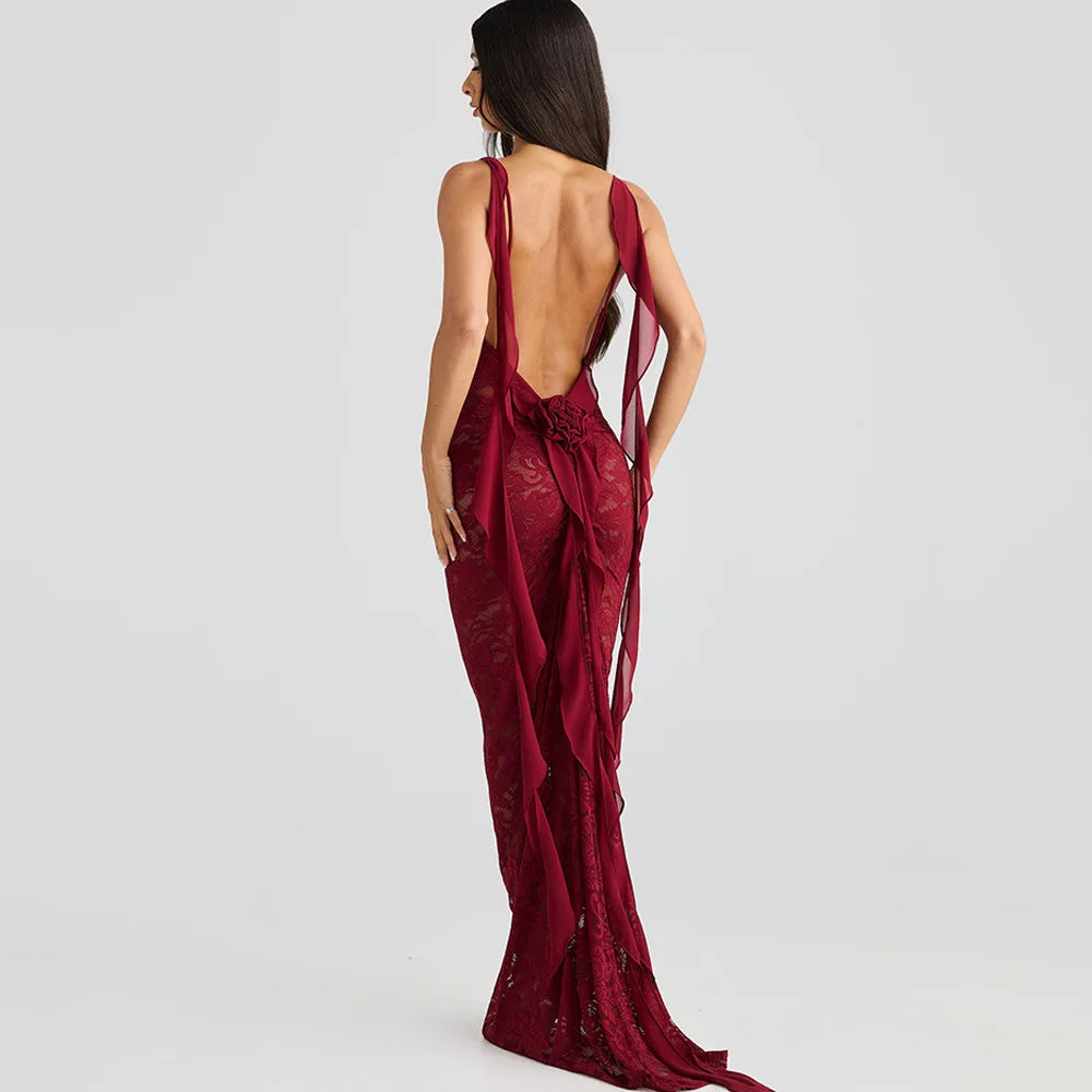 Aris Sleeveless Lace Print Backless Dress