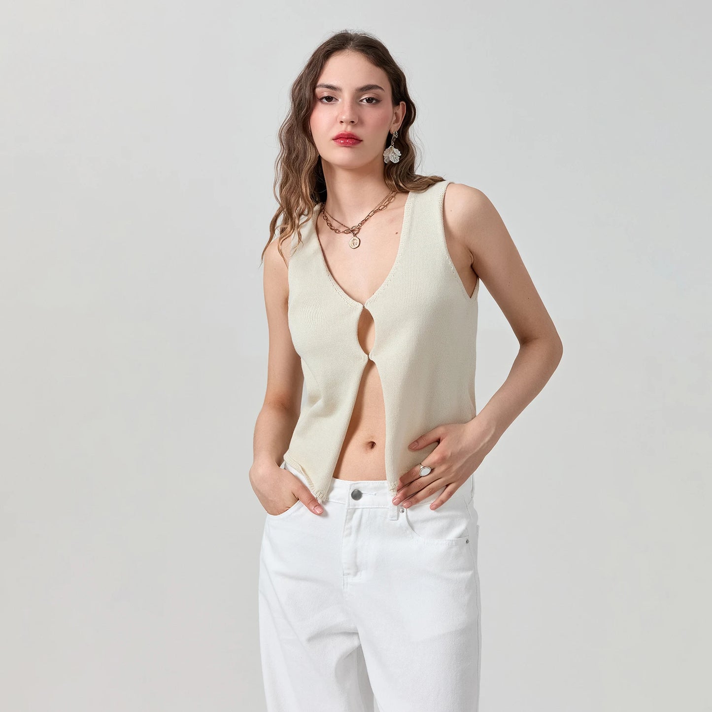 BC Knit Retro Sleeveless V-Neck Button-up Tank Tops S