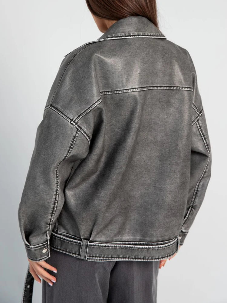 Chronix New Spring Autumn Vintage Loose Faux Leather Jacket Retro Zipper Belt Coat