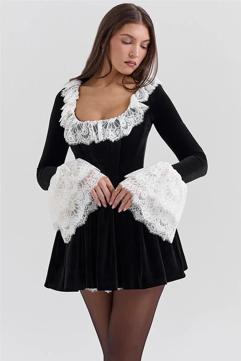 MUA Lace Flare Long Sleeve Square Collar High Waist Pleated Mini Dress Elegant