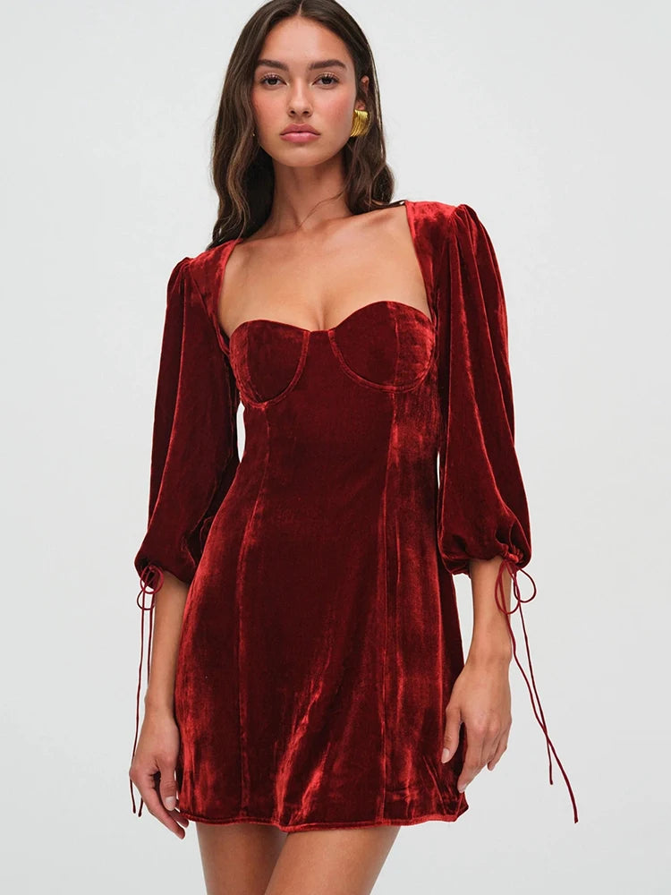 Juli Backless Lace Up Long Sleeve Square Collar Dress