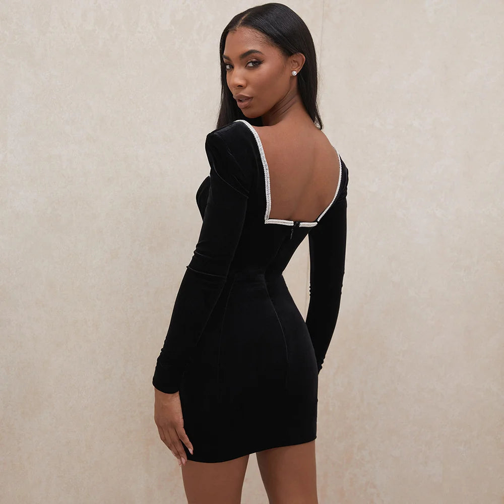 Moya Long Sleeve Deep V Neck Wired Diamante Crystal Padded Should Velvet Dress