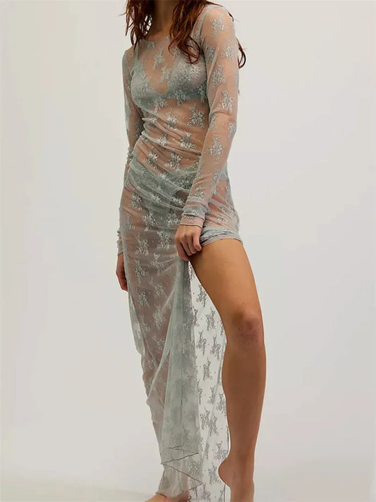 BC See Through Lace Long Sleeve High Slit Dress